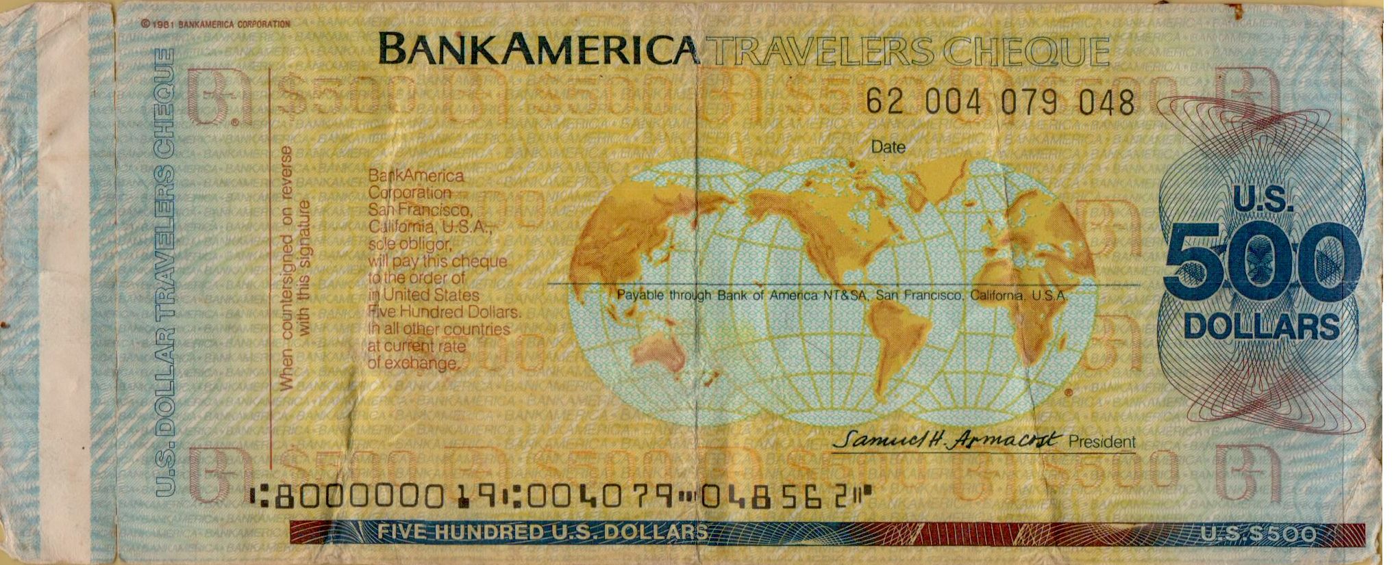 Bank of Amirica 500 2000 VF P-Travel Cheque